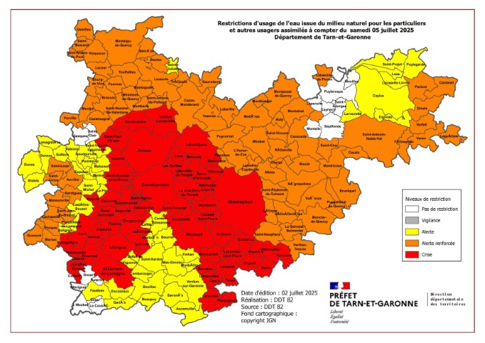 Carte des restrictions d'eau en Tarn et Garonne