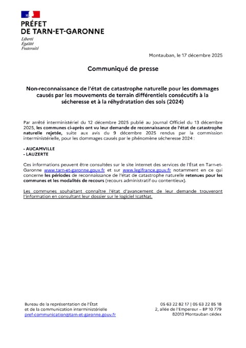 image du Communiqué de presse non reconnaissance de l'état de catastrophe naturelle de Lauzerte sécheresse 2024