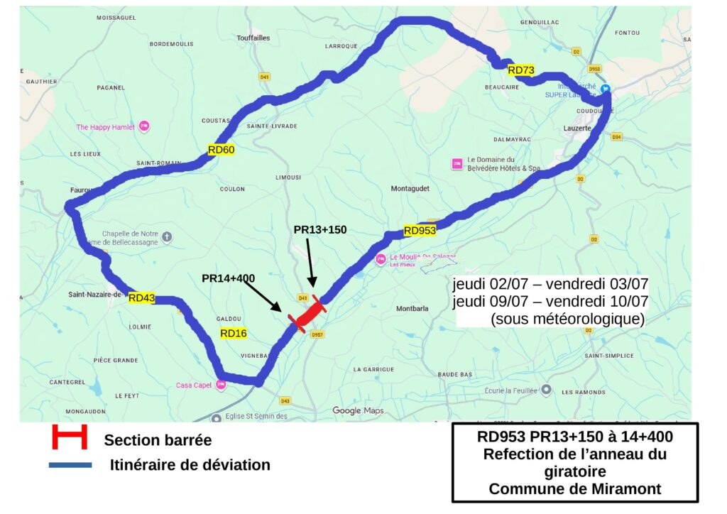 Travaux RD 953 plan deviation Miramont