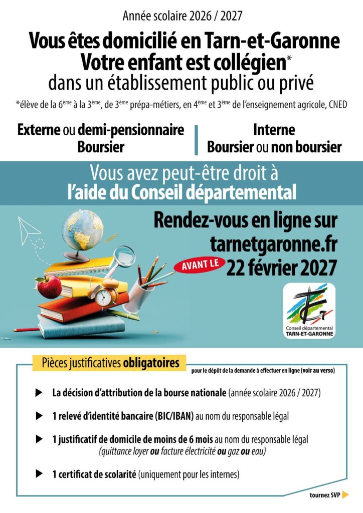 Affiche de l'aide proposé par le Département de Tarn et Garonne aux collégiens